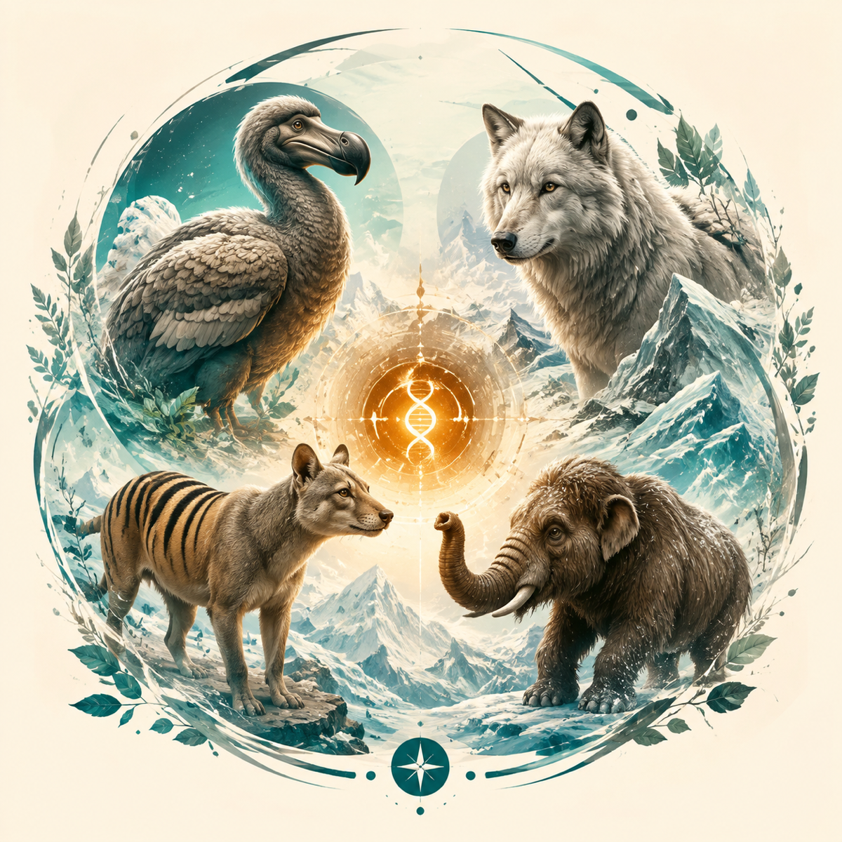Revive Watch square banner: a dodo, dire wolf, thylacine, and a woolly mammoth calf gathered around a warm amber spark on a cream background with glacial teal accents