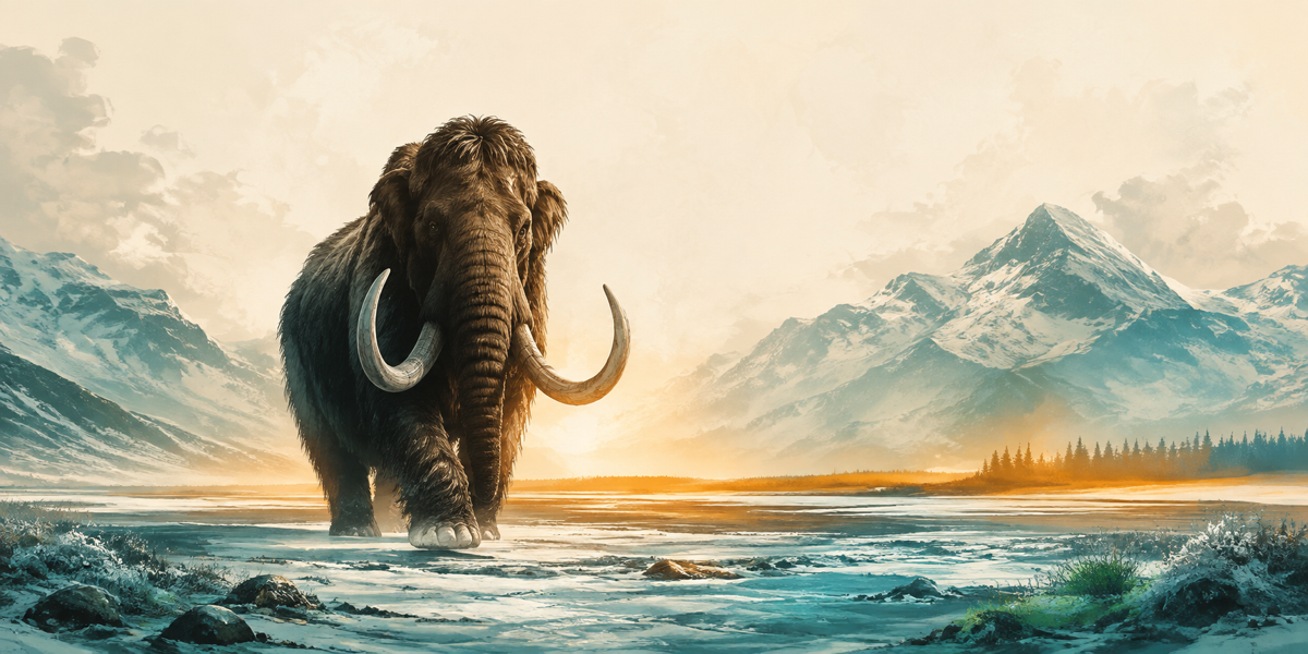 Revive Watch launch banner: a woolly mammoth walking across a frosty tundra toward a warm amber horizon on a cream background with glacial teal accents