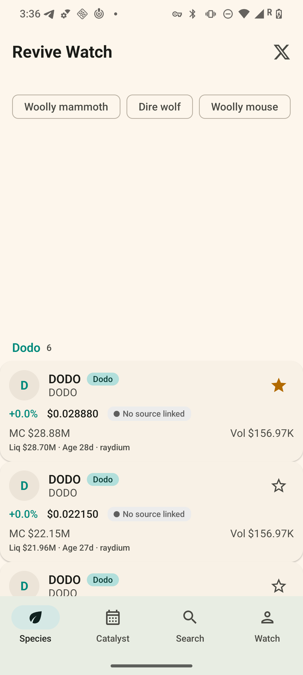 Revive Watch Species board: taxonomy chips, species-clustered DODO token cards with species badges and credibility chips, market rows with price and 24h change, and the four-tab bottom navigation