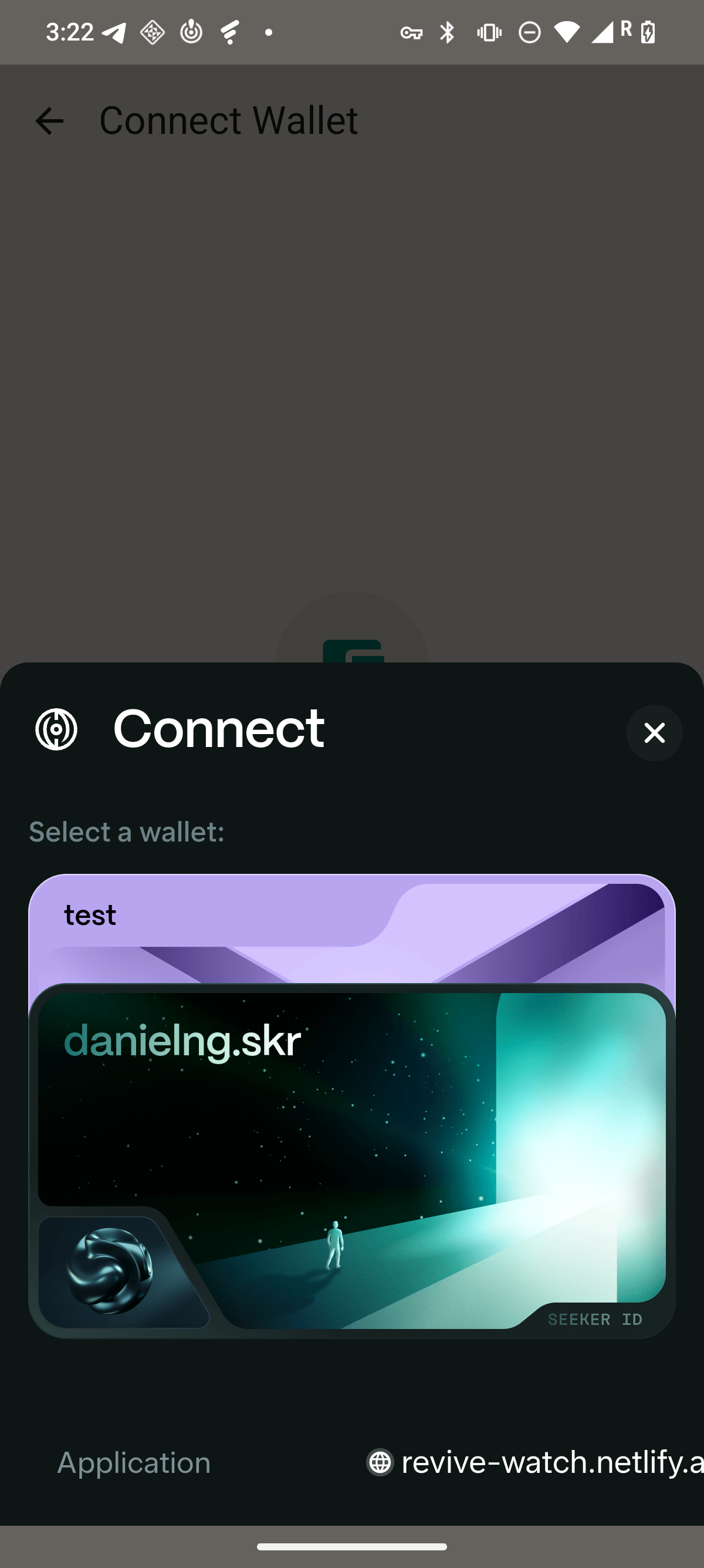 The real Solana Mobile Wallet approval sheet opened by Revive Watch showing the identity revive-watch.netlify.app and selectable wallet accounts