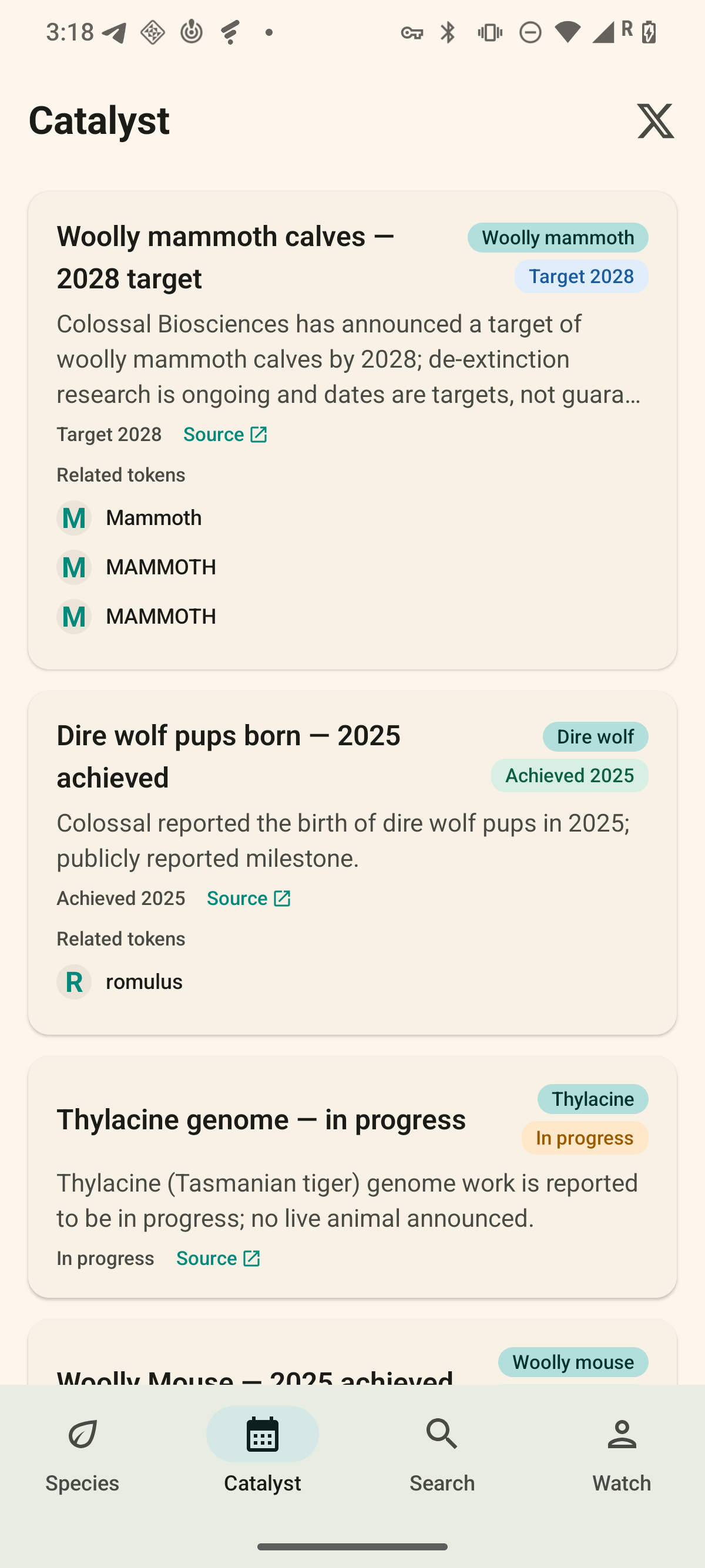 Revive Watch Catalyst calendar: milestone cards for woolly mammoth calves (Target 2028), dire wolf pups born (Achieved 2025), thylacine genome (In progress), and Woolly Mouse (Achieved 2025)