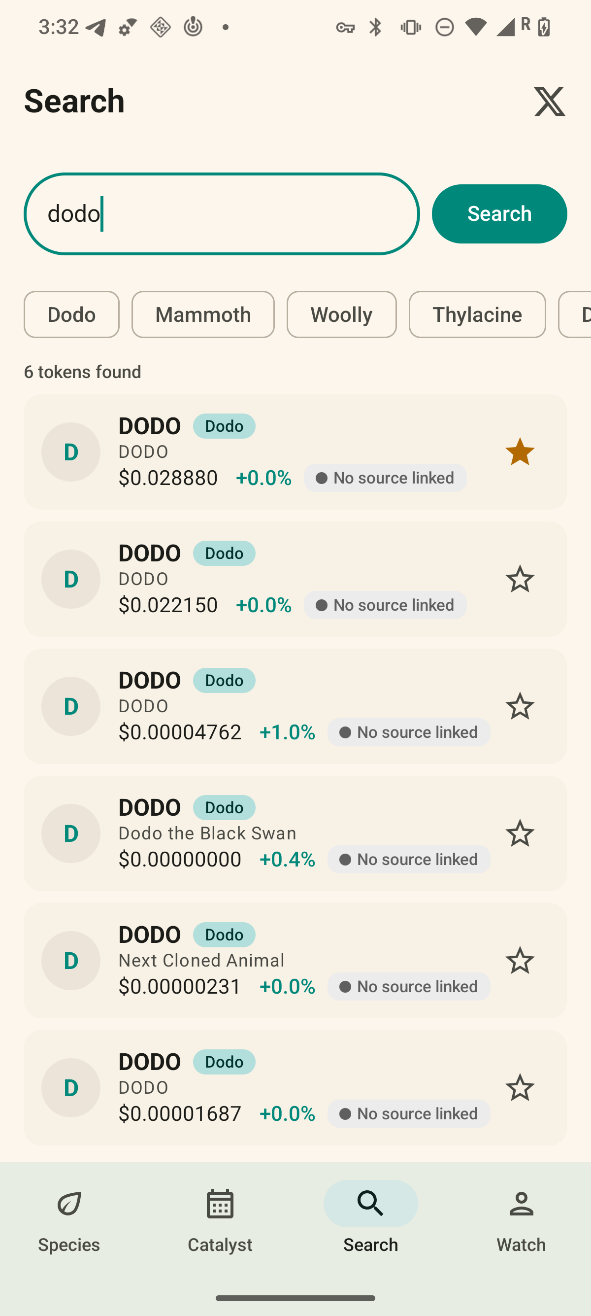 Revive Watch Search for dodo: 6 tokens found with DODO result cards carrying species badges and credibility chips