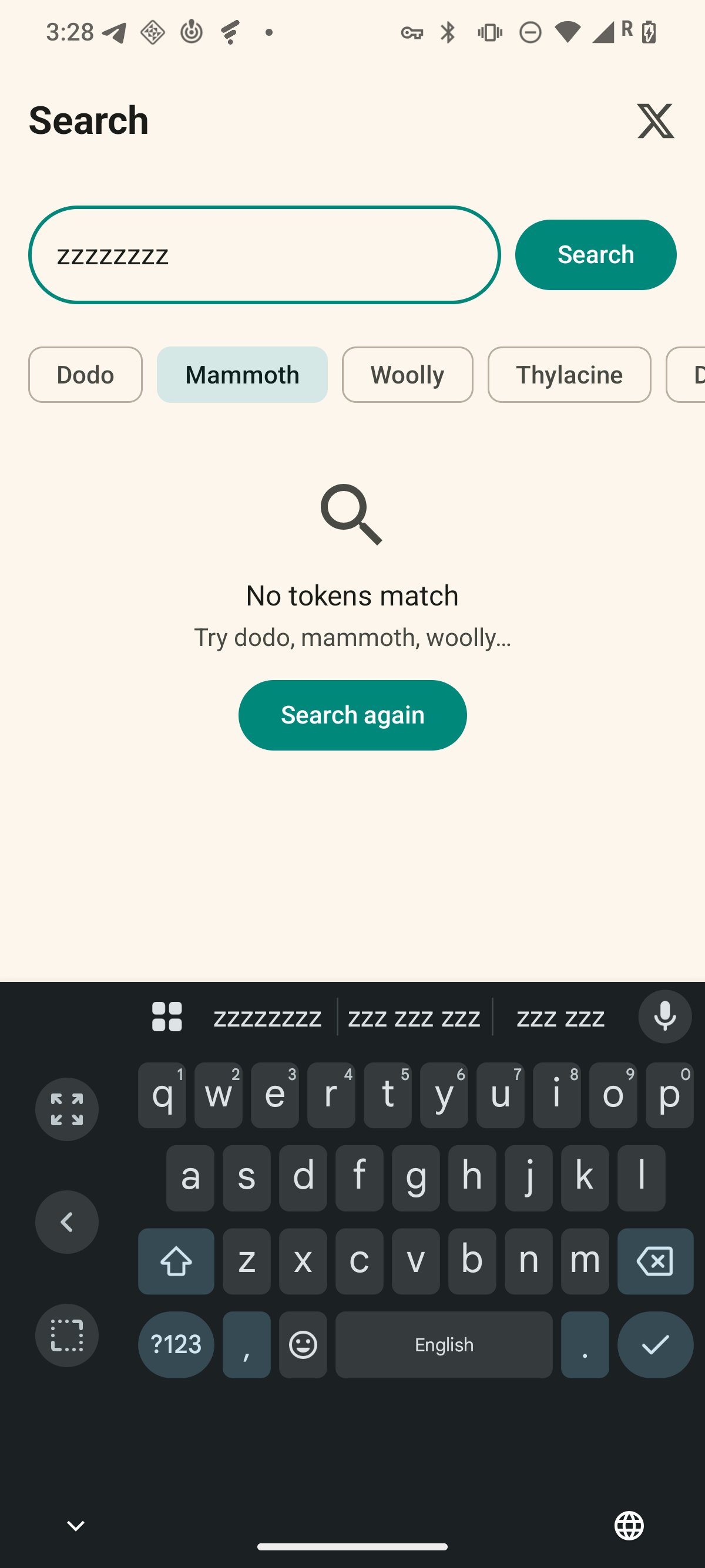 Revive Watch Search empty state: No tokens match — try dodo, mammoth, woolly