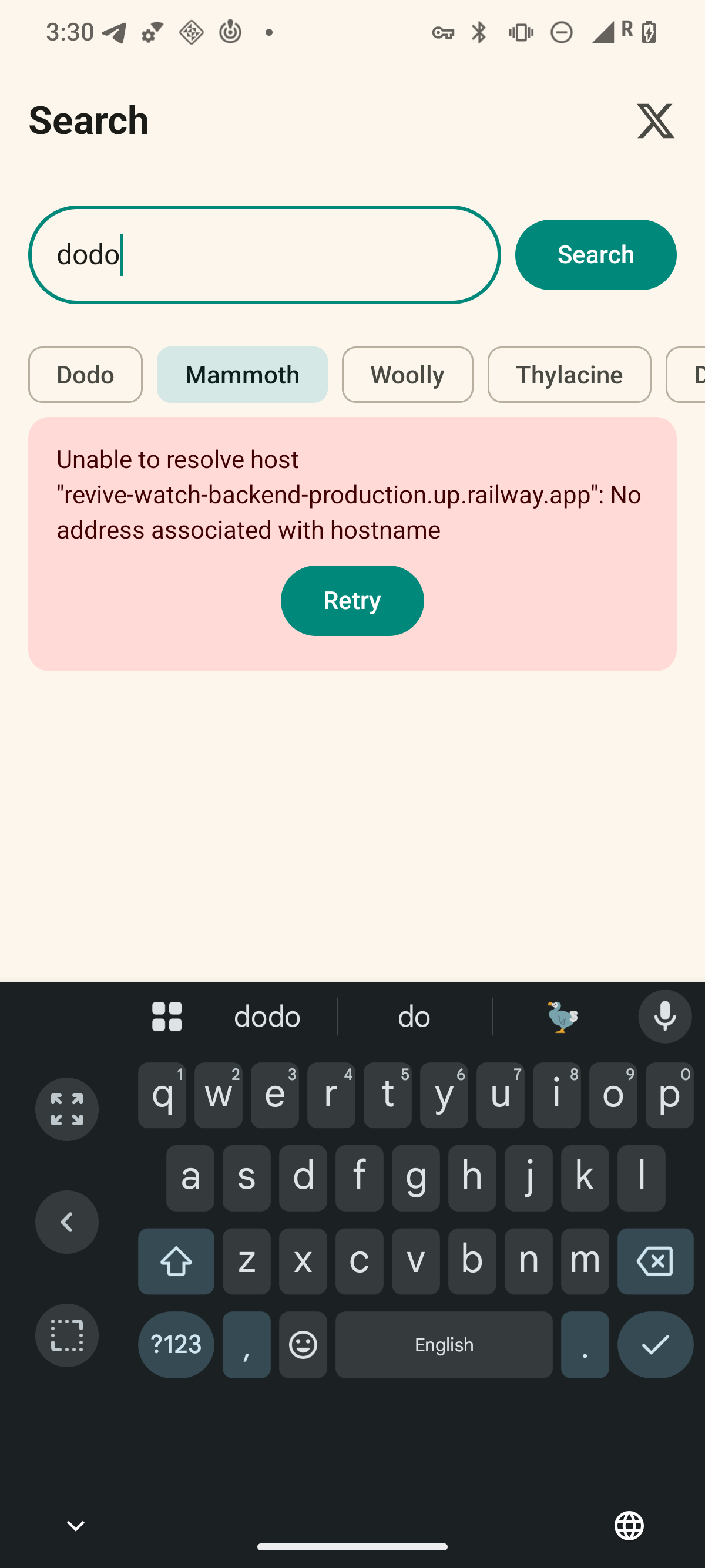 Revive Watch Search error state: upstream-failure banner with Retry, distinct from the empty state