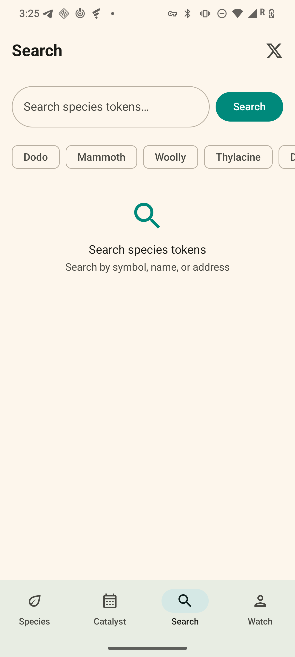 Revive Watch Search tab default state: search bar, species filter chips, and search prompt