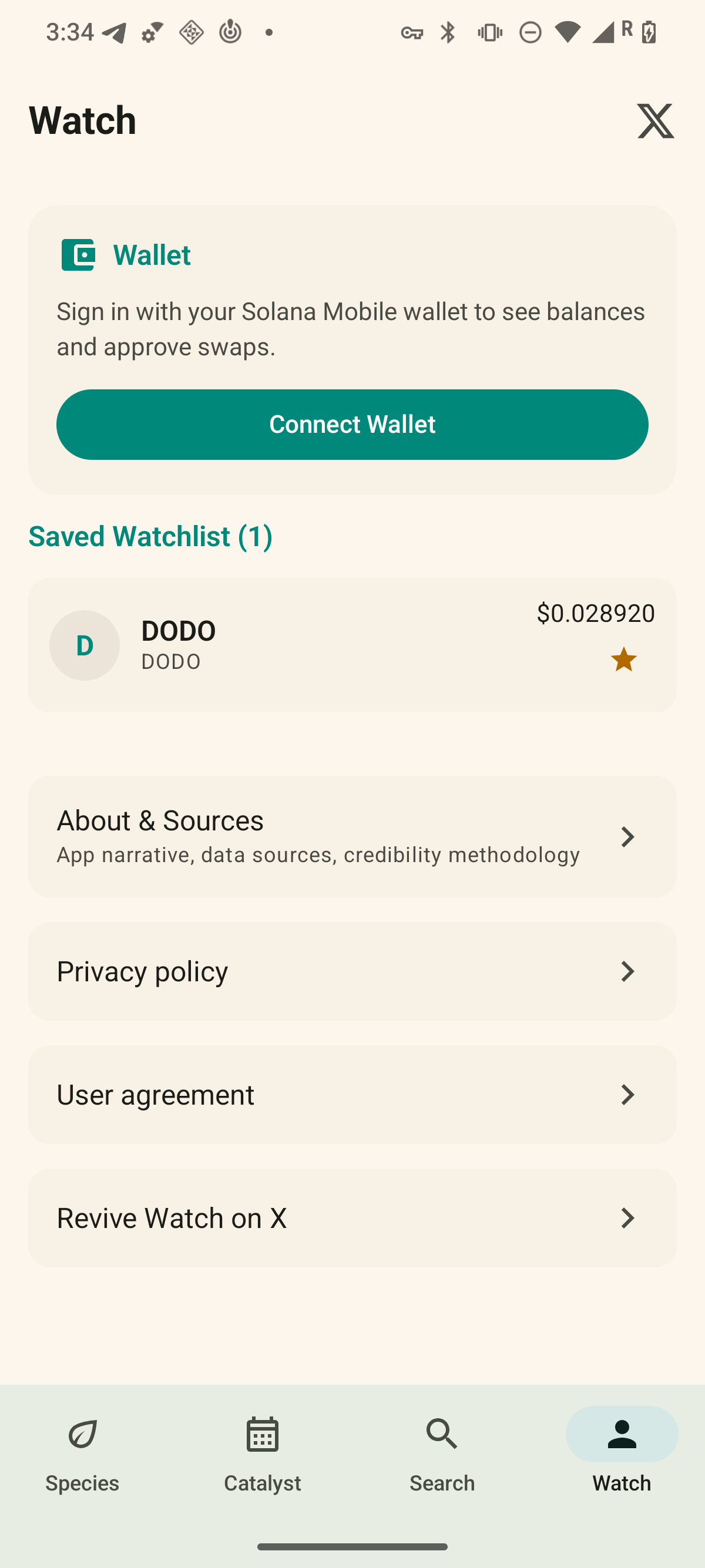 Revive Watch Watch tab: wallet card with Connect Wallet button, saved watchlist with live prices, and About/Sources menu rows
