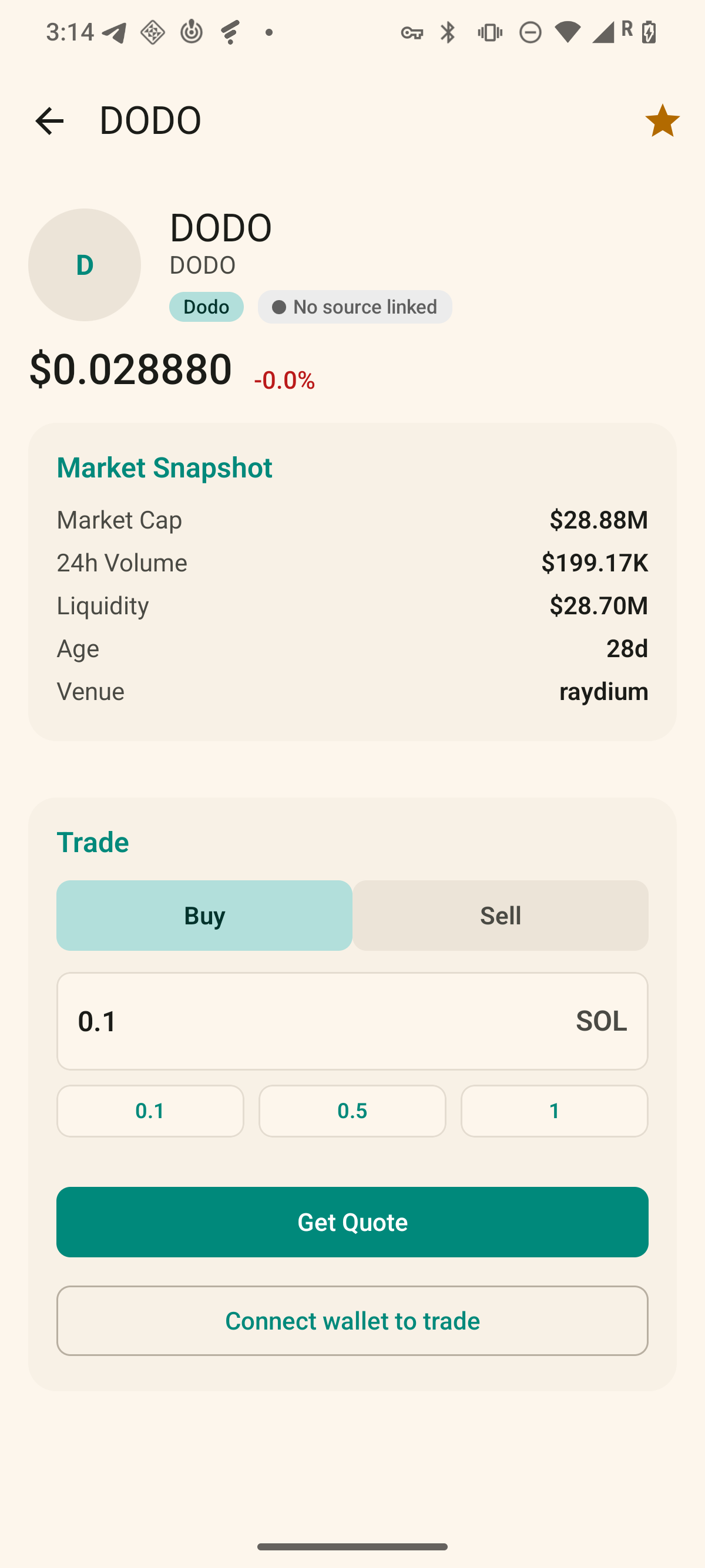 Revive Watch token detail: token hero with species badge and credibility chip, Market Snapshot card, and the trade block with Buy/Sell, Get Quote, and Review and Approve in Wallet