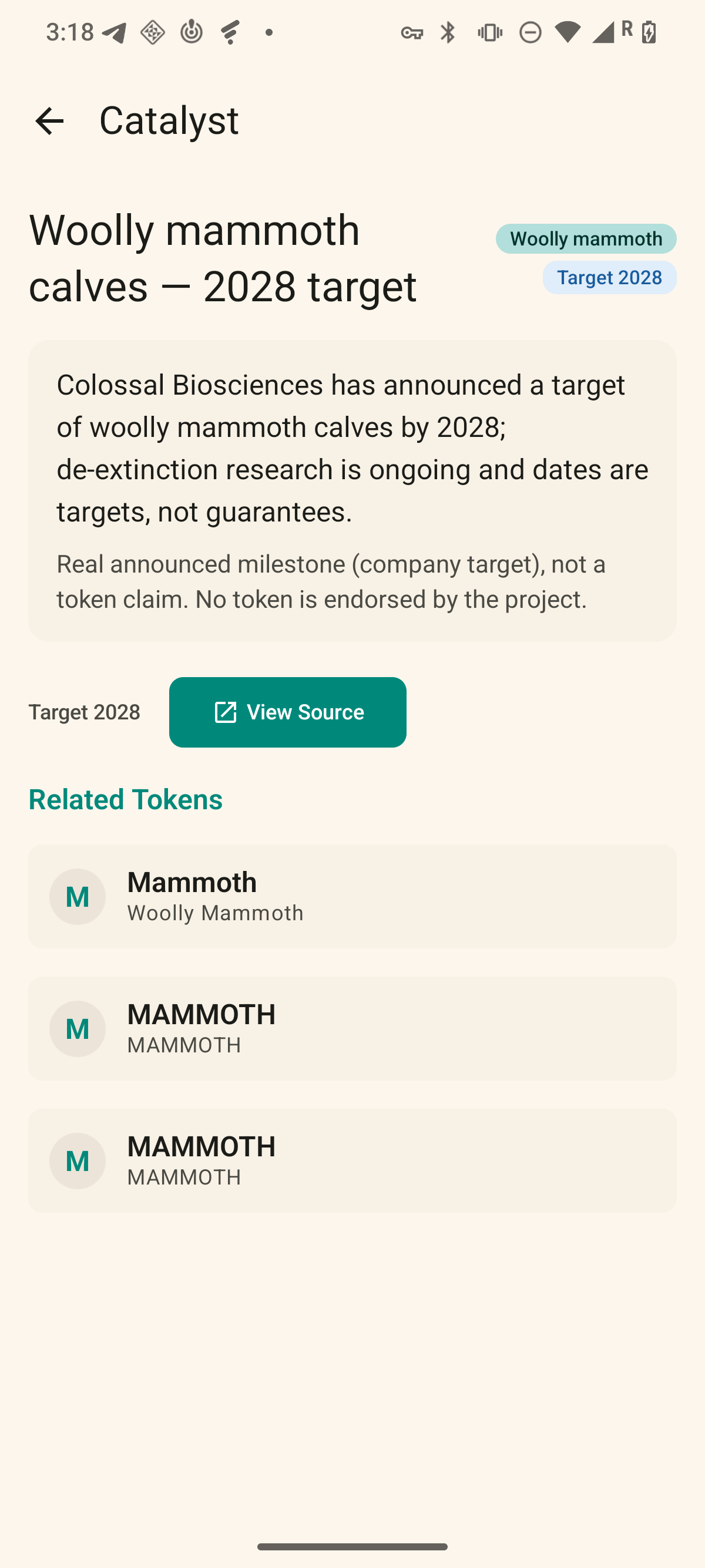 Revive Watch Catalyst detail for woolly mammoth calves 2028 target: status chip Target 2028, narrative card, credibility note, View Source, and related tokens