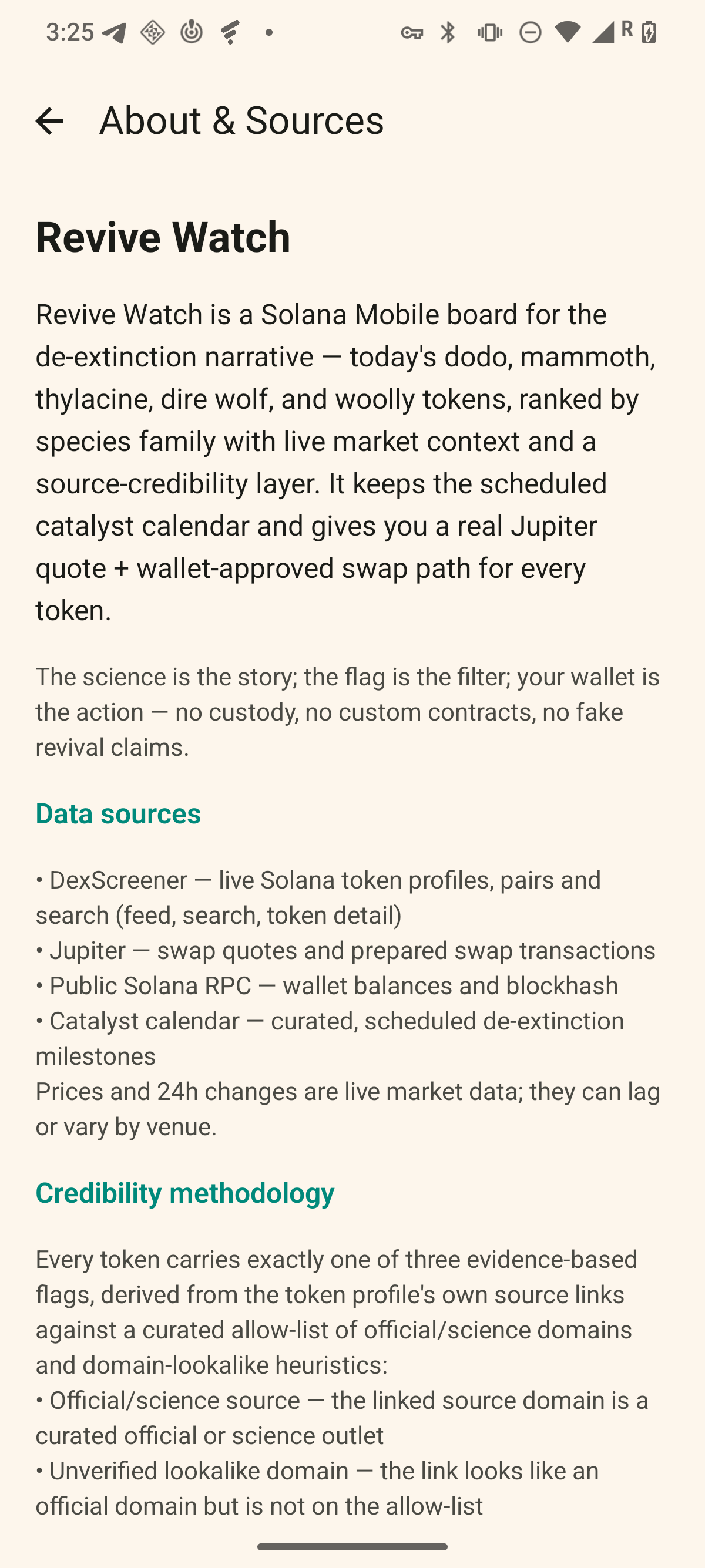 Revive Watch About/Sources screen: app narrative and slogan, data sources, credibility methodology, and the no-affiliation disclaimer